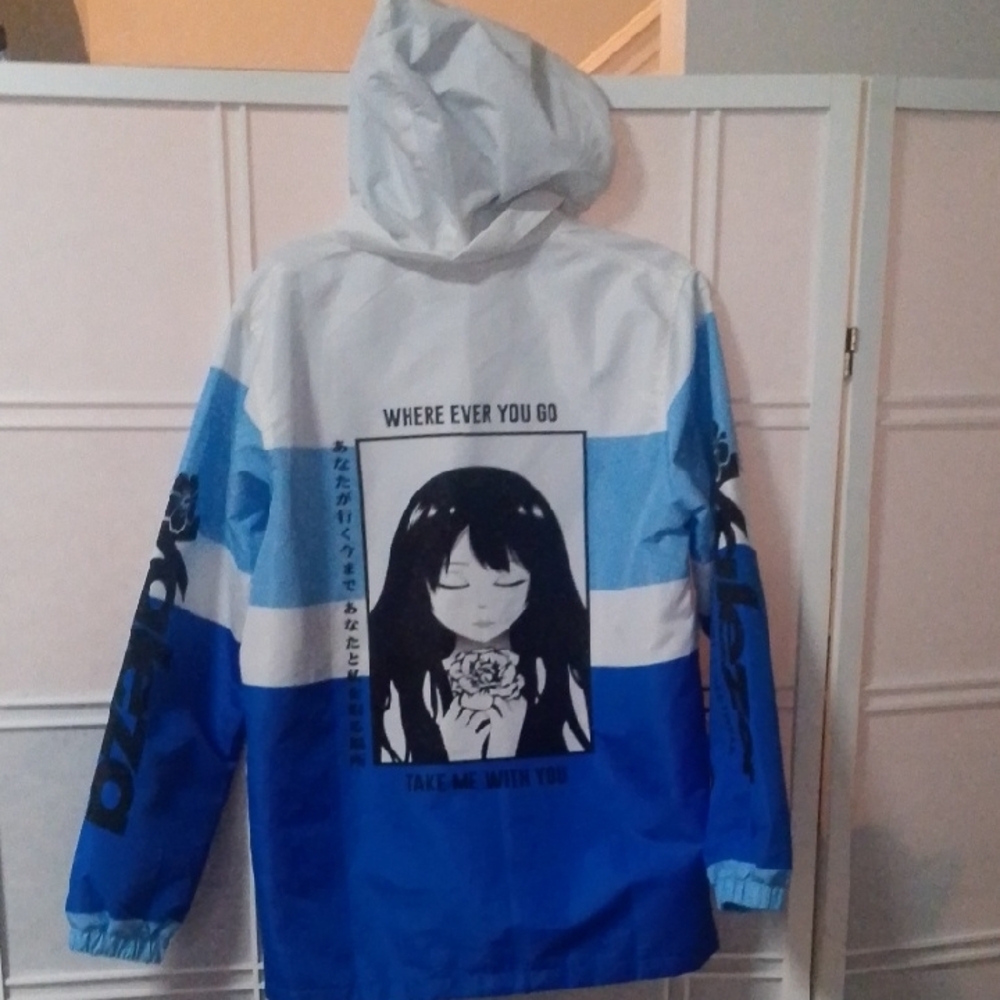 Valeza Blue and White Graphic Hooded Jacket